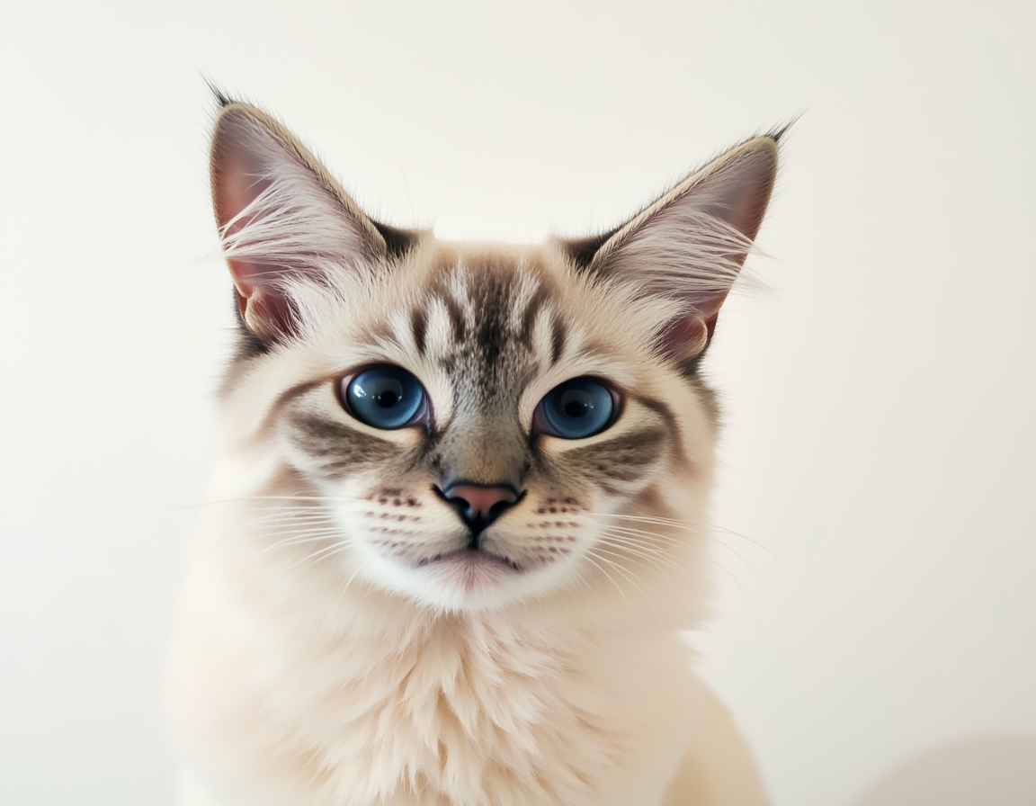 Close-up portrait of cat on a white background, with its alert expression and intricate details of its fur and whiskers in sharp focus.